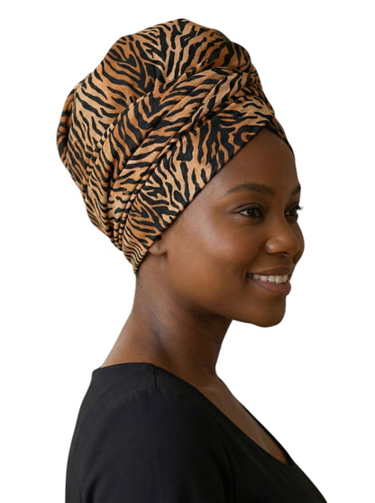 Tiger Print Long Stretch Jersey Headwrap – Soft Elastic Turban Head Wrap Scarf for Protective Styling & Fashion Looks - Fatisha Boutique #