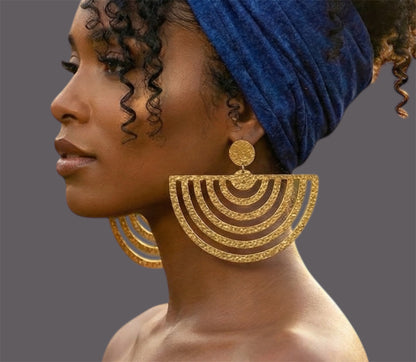 Oversized Textured Brass Fan Statement Earrings – Bold Geometric Jewellery - Fatisha Boutique #