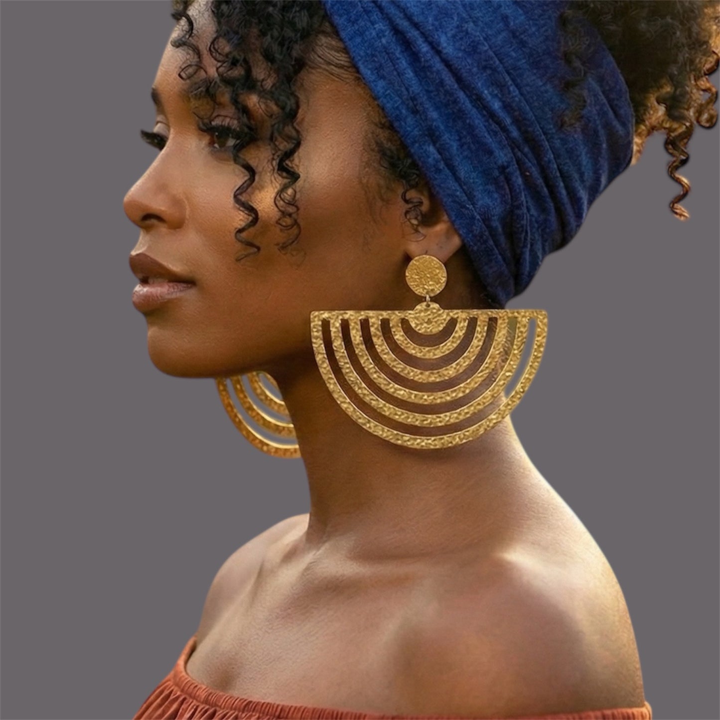 Oversized Textured Brass Fan Statement Earrings – Bold Geometric Jewellery - Fatisha Boutique #