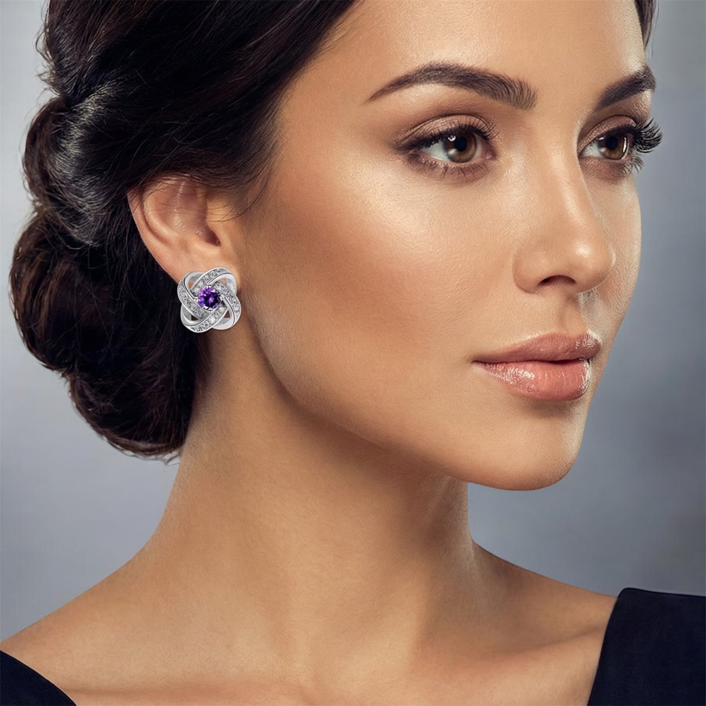 Elegant Rhinestone Knot Stud Earrings – Crystal or Amethyst Silver Studs - Fatisha Boutique # Fatisha Boutique