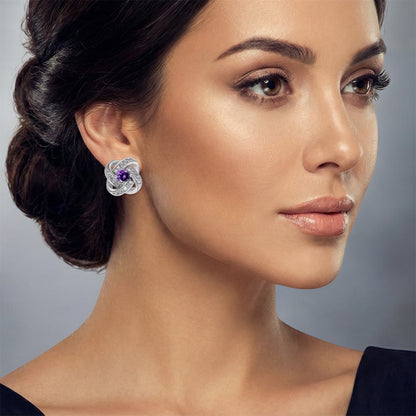 Elegant Rhinestone Knot Stud Earrings – Crystal or Amethyst Silver Studs - Fatisha Boutique #
