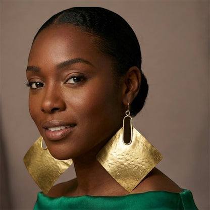 Oversized African Brass Square Statement Earrings – Bold Handmade Jewellery - Fatisha Boutique #