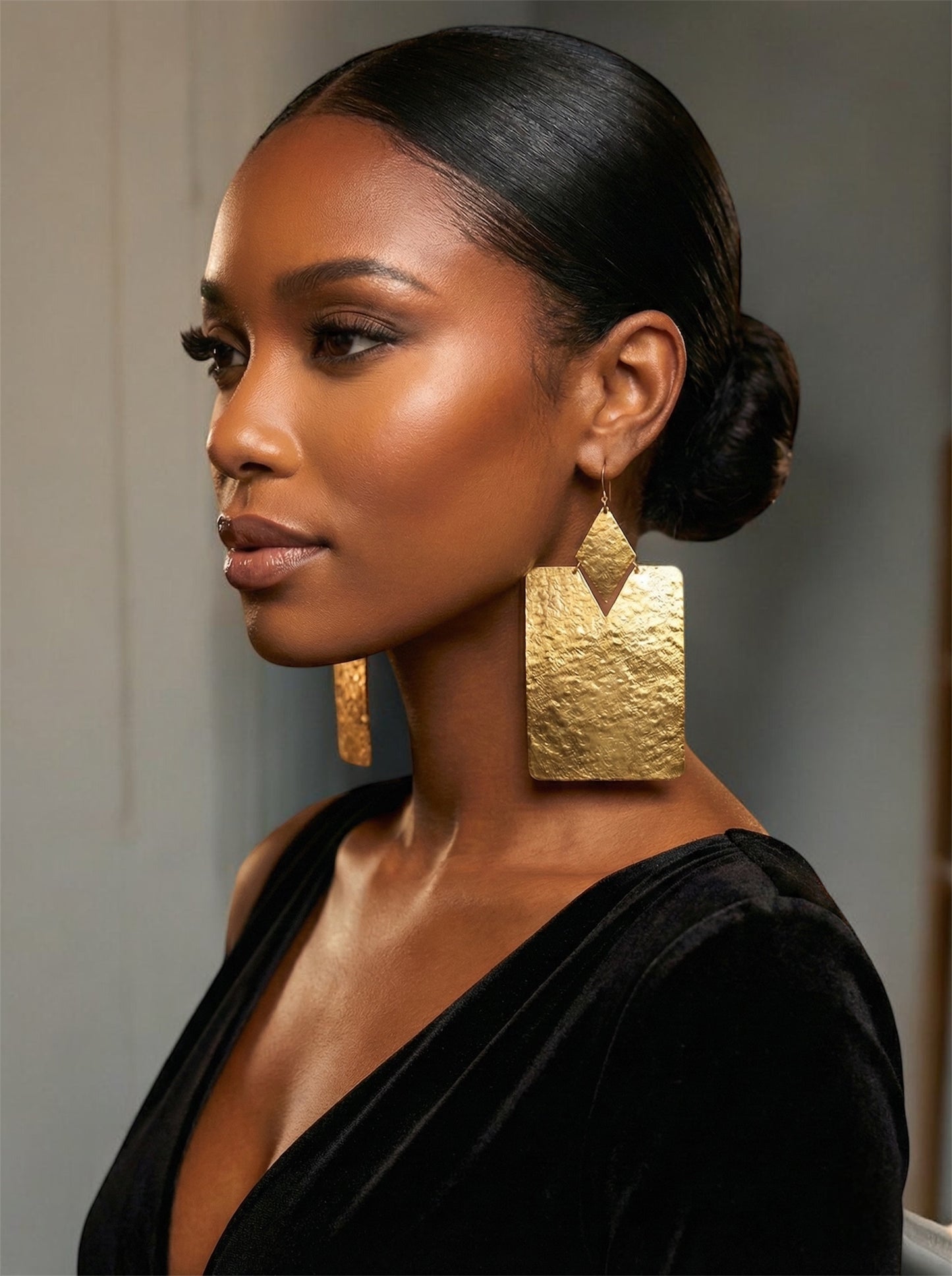Oversized Brass Rectangle Statement Earrings – Bold Hammered Geometric Dangles - Fatisha Boutique #