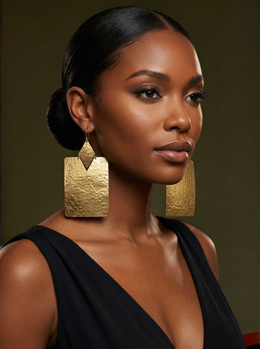 Oversized Brass Rectangle Statement Earrings – Bold Hammered Geometric Dangles