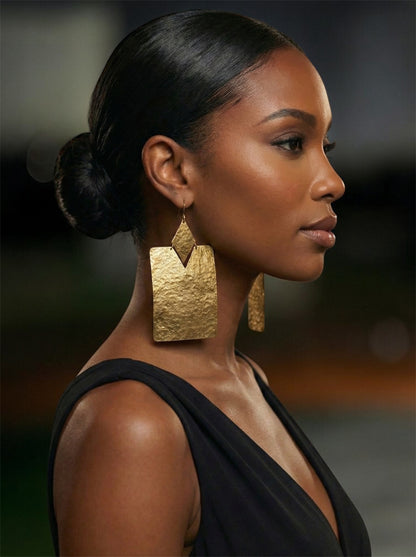 Oversized Brass Rectangle Statement Earrings – Bold Hammered Geometric Dangles - Fatisha Boutique #