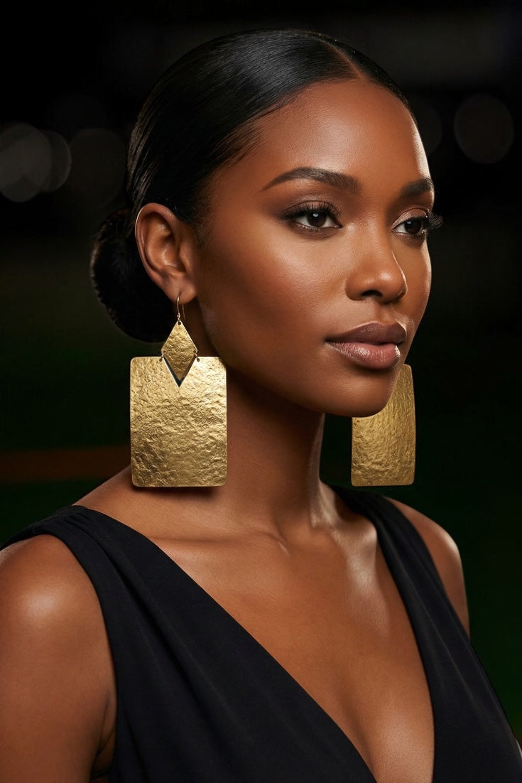 Oversized Brass Rectangle Statement Earrings – Bold Hammered Geometric Dangles - Fatisha Boutique #