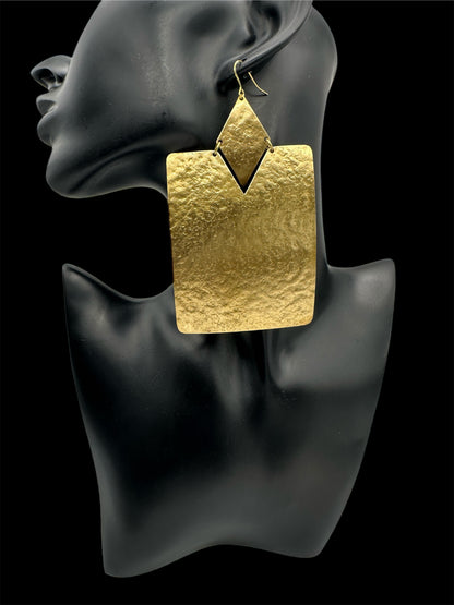 Oversized Brass Rectangle Statement Earrings – Bold Hammered Geometric Dangles - Fatisha Boutique #