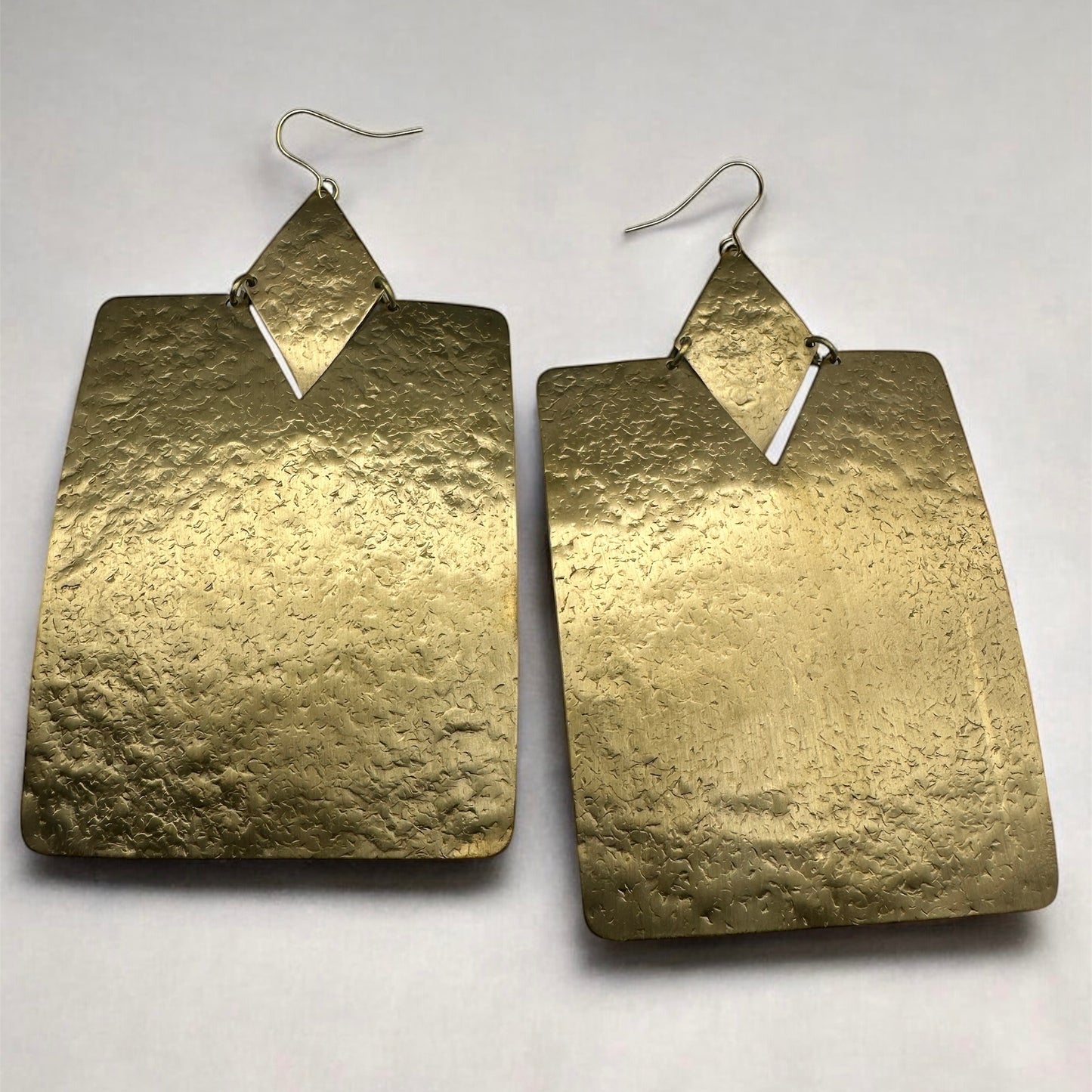 Oversized Brass Rectangle Statement Earrings – Bold Hammered Geometric Dangles - Fatisha Boutique #