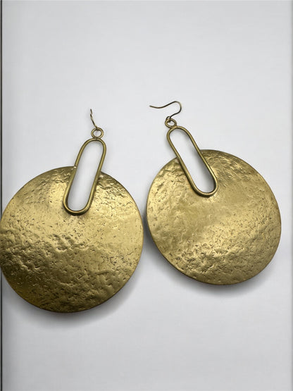 Hammered Brass Disc Statement Earrings – Bold Geometric Handmade Dangle Jewellery - Fatisha Boutique #