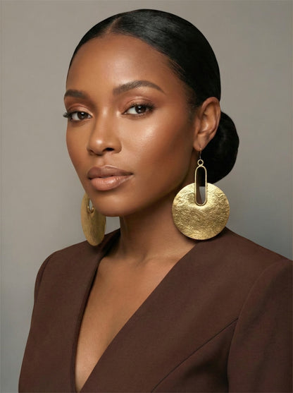 Hammered Brass Disc Statement Earrings – Bold Geometric Handmade Dangle Jewellery - Fatisha Boutique #