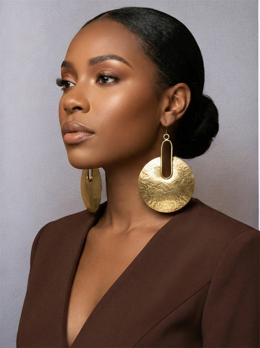 Hammered Brass Disc Statement Earrings – Bold Geometric Handmade Dangle Jewellery