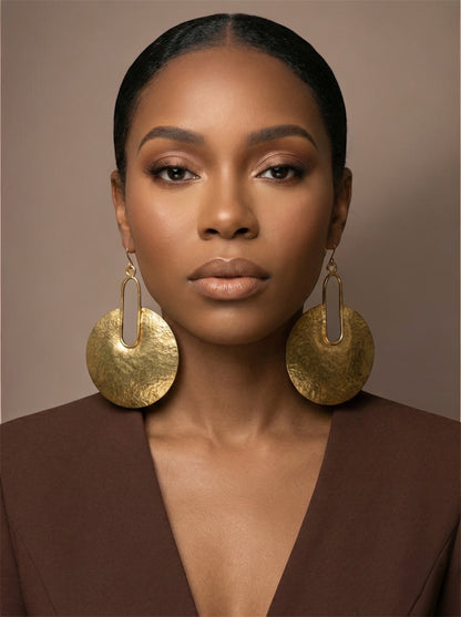 Hammered Brass Disc Statement Earrings – Bold Geometric Handmade Dangle Jewellery - Fatisha Boutique #