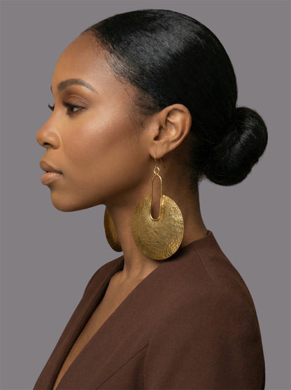 Hammered Brass Disc Statement Earrings – Bold Geometric Handmade Dangle Jewellery - Fatisha Boutique #