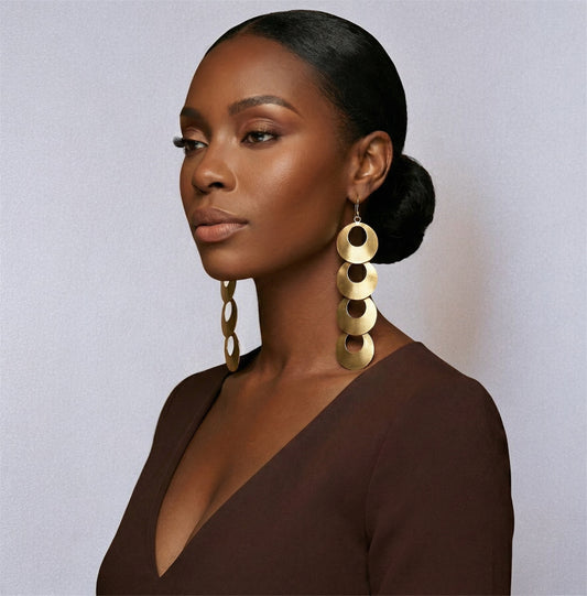 African Long Brass Earrings – Handmade Geometric Dangle Statement Jewellery