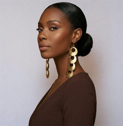 African Long Brass Earrings – Handmade Geometric Dangle Statement Jewellery - Fatisha Boutique #