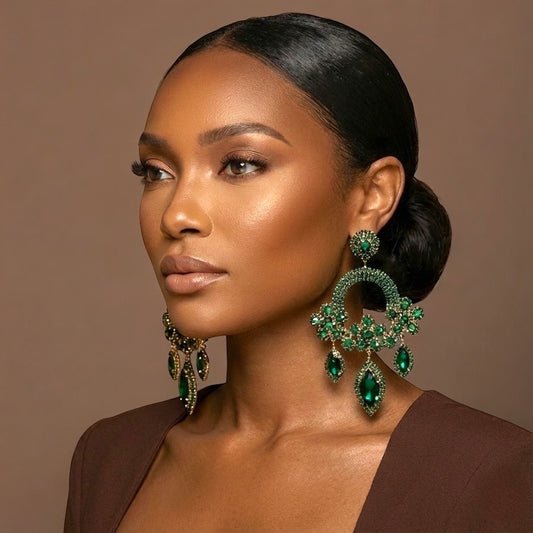 Luxe Green Gemstone Rhinestone Tassel Earrings – Bold Statement Dangle Jewellery - Fatisha Boutique #