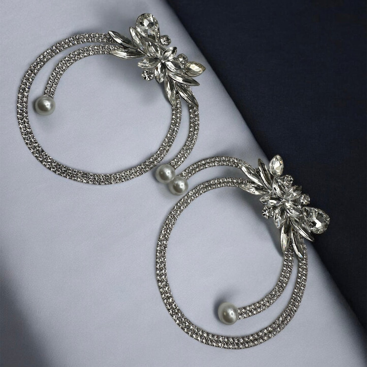 Gorgeous Crystal Rhinestone Statement Silver Earrings – Floral Pearl Hoop Design - Fatisha Boutique #