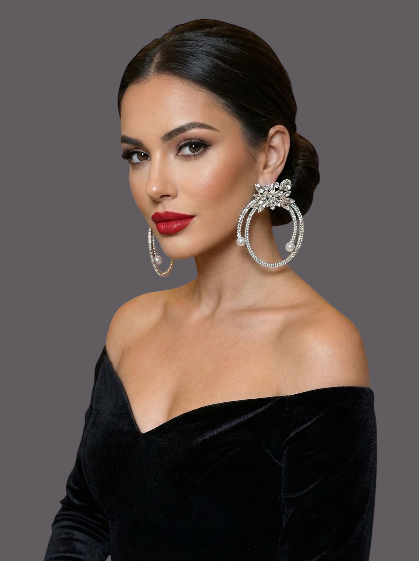 Gorgeous Crystal Rhinestone Statement Silver Earrings – Floral Pearl Hoop Design - Fatisha Boutique #