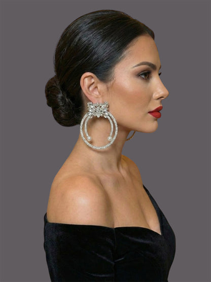 Gorgeous Crystal Rhinestone Statement Silver Earrings – Floral Pearl Hoop Design - Fatisha Boutique #