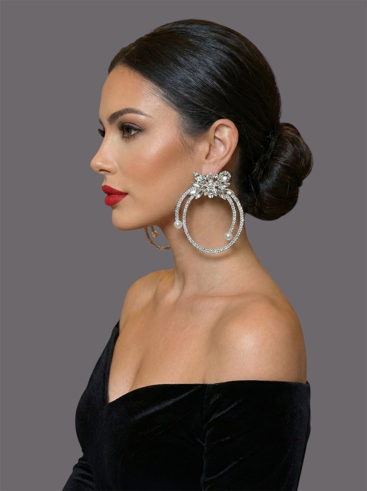 Gorgeous Crystal Rhinestone Statement Silver Earrings – Floral Pearl Hoop Design - Fatisha Boutique #
