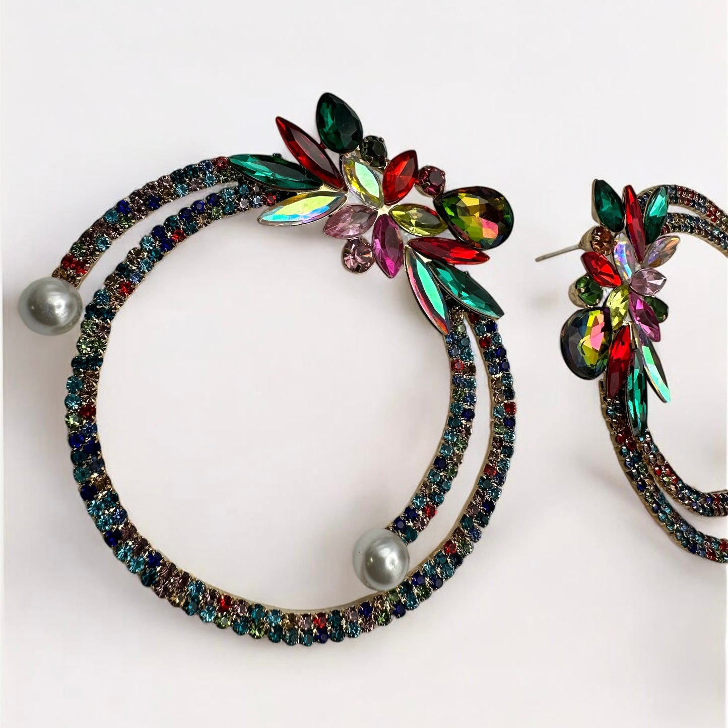 Multicolour Crystal Rhinestone Statement Hoop Earrings – Floral Pearl Glam Jewellery - Fatisha Boutique #
