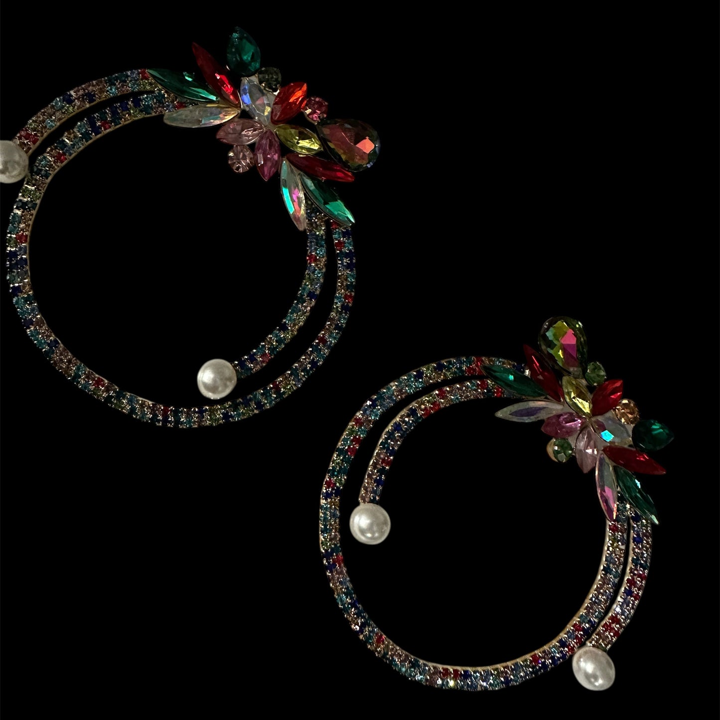Multicolour Crystal Rhinestone Statement Hoop Earrings – Floral Pearl Glam Jewellery - Fatisha Boutique #
