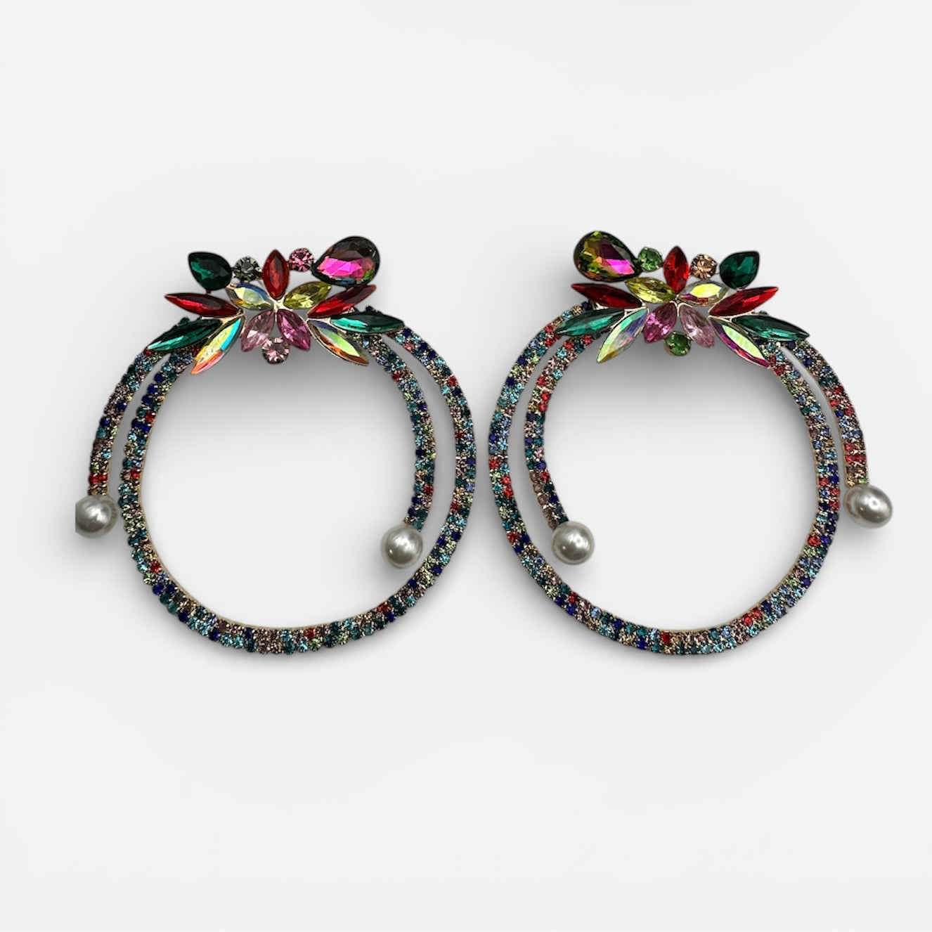 Multicolour Crystal Rhinestone Statement Hoop Earrings – Floral Pearl Glam Jewellery - Fatisha Boutique #