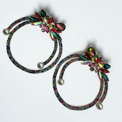 Multicolour Crystal Rhinestone Statement Hoop Earrings – Floral Pearl Glam Jewellery - Fatisha Boutique #