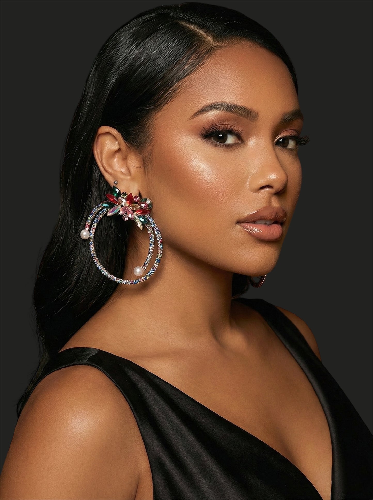 Multicolour Crystal Rhinestone Statement Hoop Earrings – Floral Pearl Glam Jewellery - Fatisha Boutique #