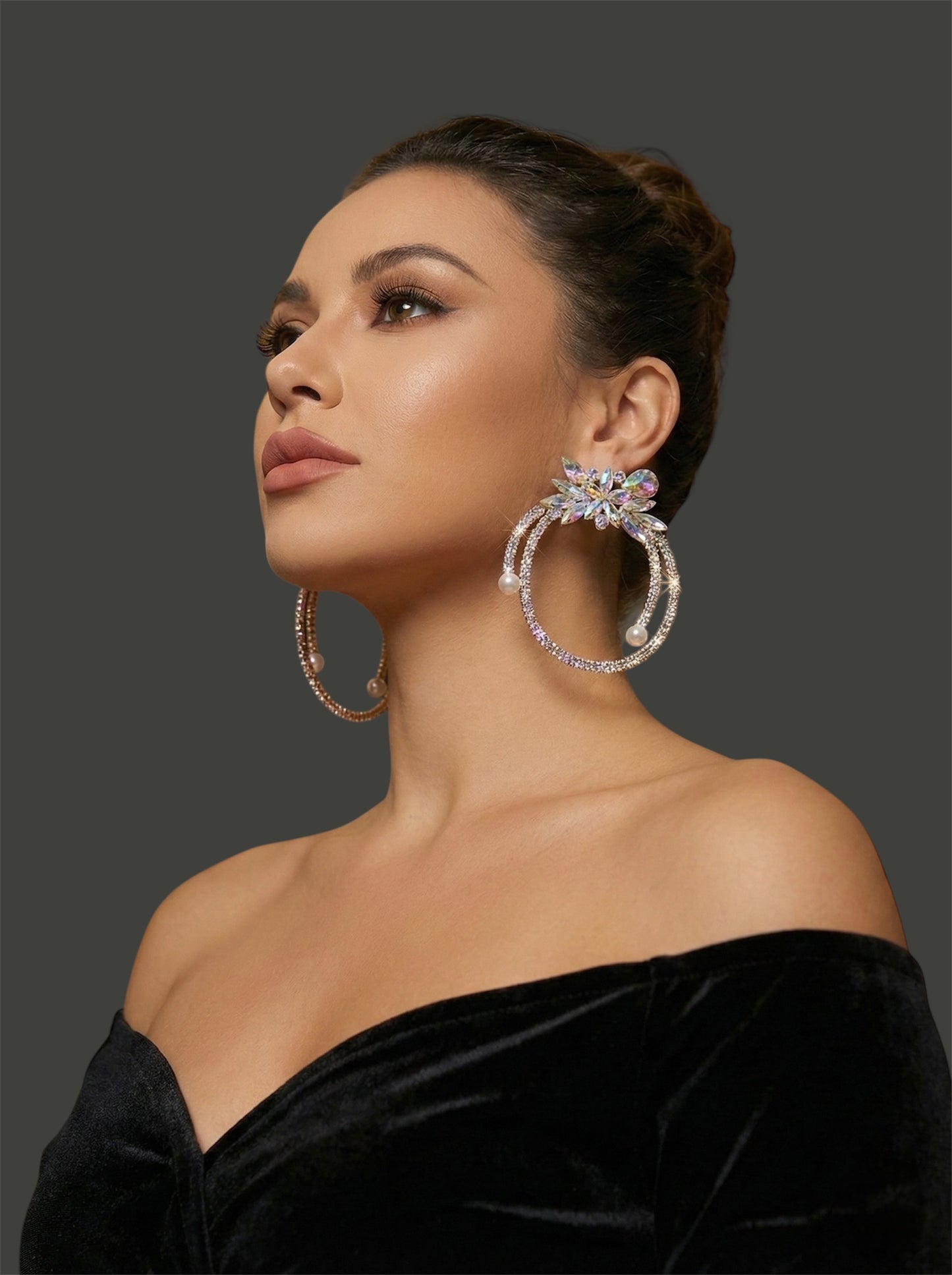 Iridescent Crystal Rhinestone Statement Hoop Earrings – Floral Pearl Glam - Fatisha Boutique #