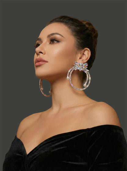 Iridescent Crystal Rhinestone Statement Hoop Earrings – Floral Pearl Glam - Fatisha Boutique #