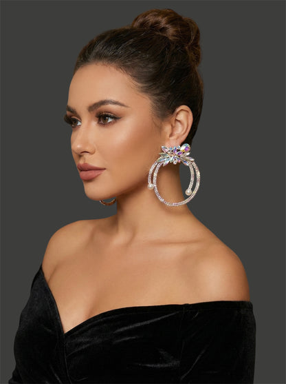 Iridescent Crystal Rhinestone Statement Hoop Earrings – Floral Pearl Glam - Fatisha Boutique #