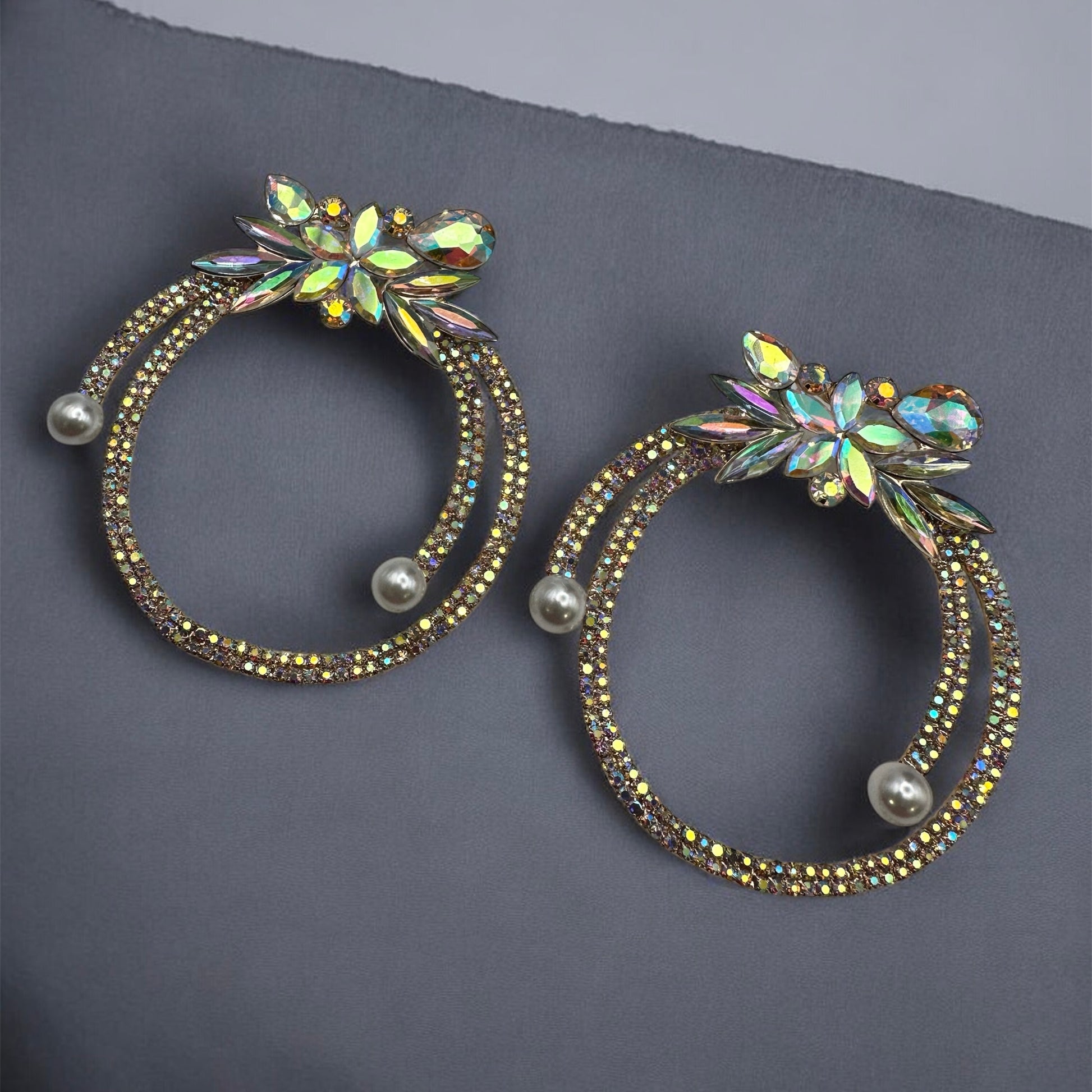 Iridescent Crystal Rhinestone Statement Hoop Earrings – Floral Pearl Glam - Fatisha Boutique #