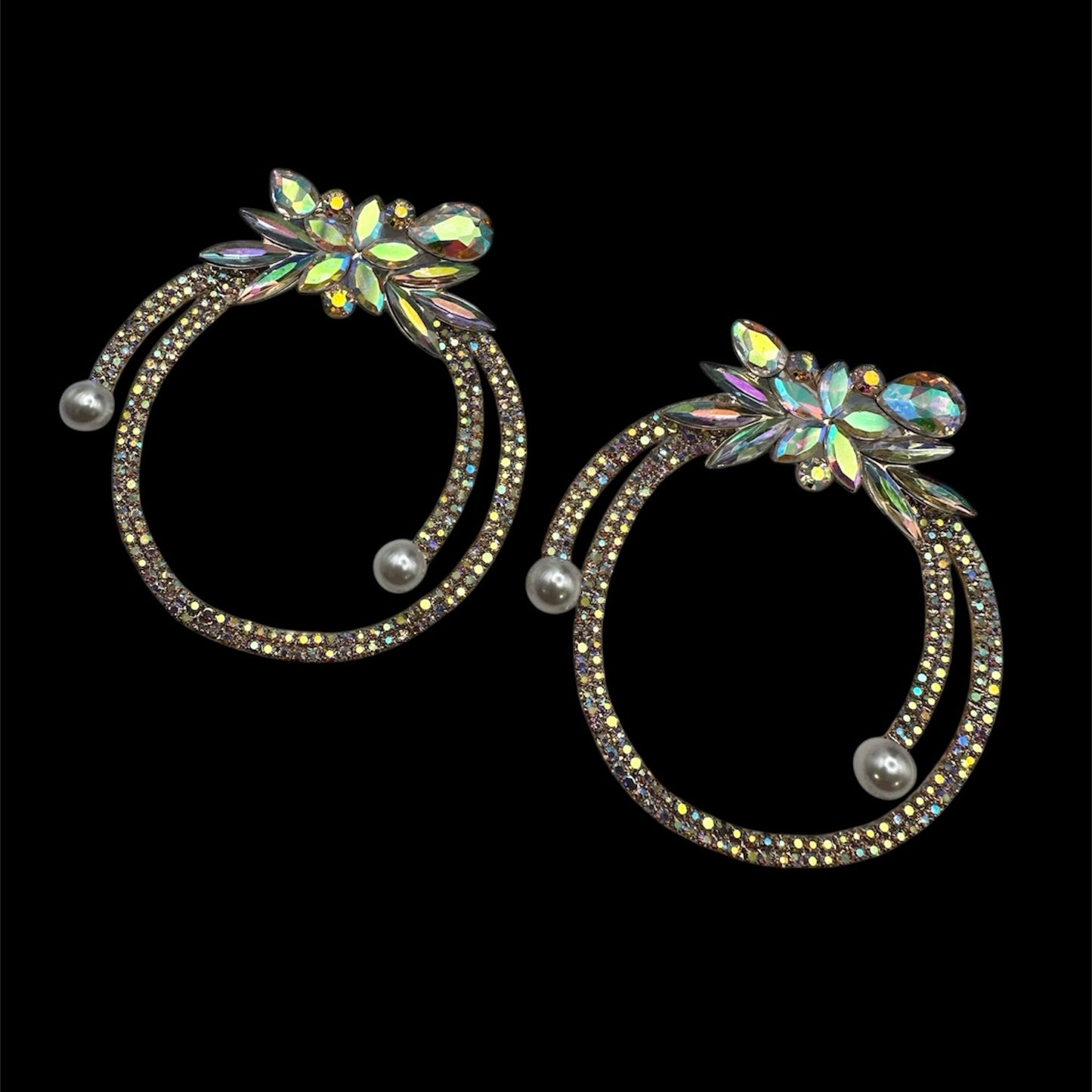 Iridescent Crystal Rhinestone Statement Hoop Earrings – Floral Pearl Glam - Fatisha Boutique #