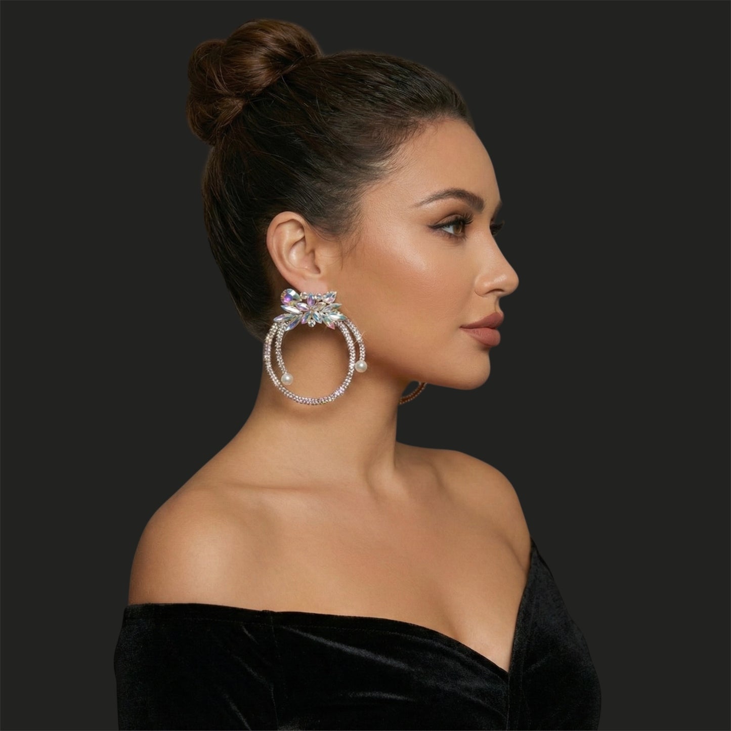 Iridescent Crystal Rhinestone Statement Hoop Earrings – Floral Pearl Glam - Fatisha Boutique #
