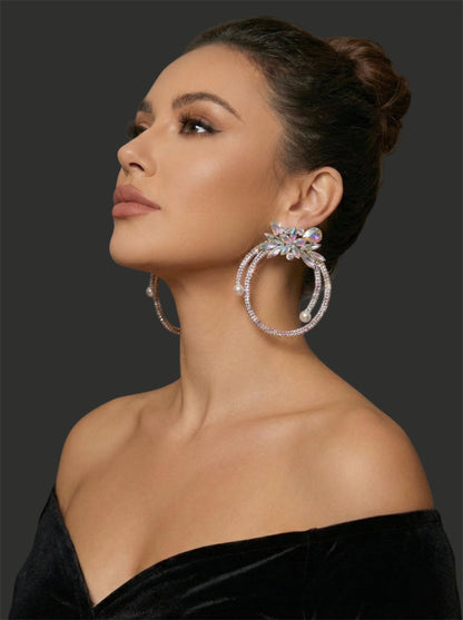 Iridescent Crystal Rhinestone Statement Hoop Earrings – Floral Pearl Glam - Fatisha Boutique #