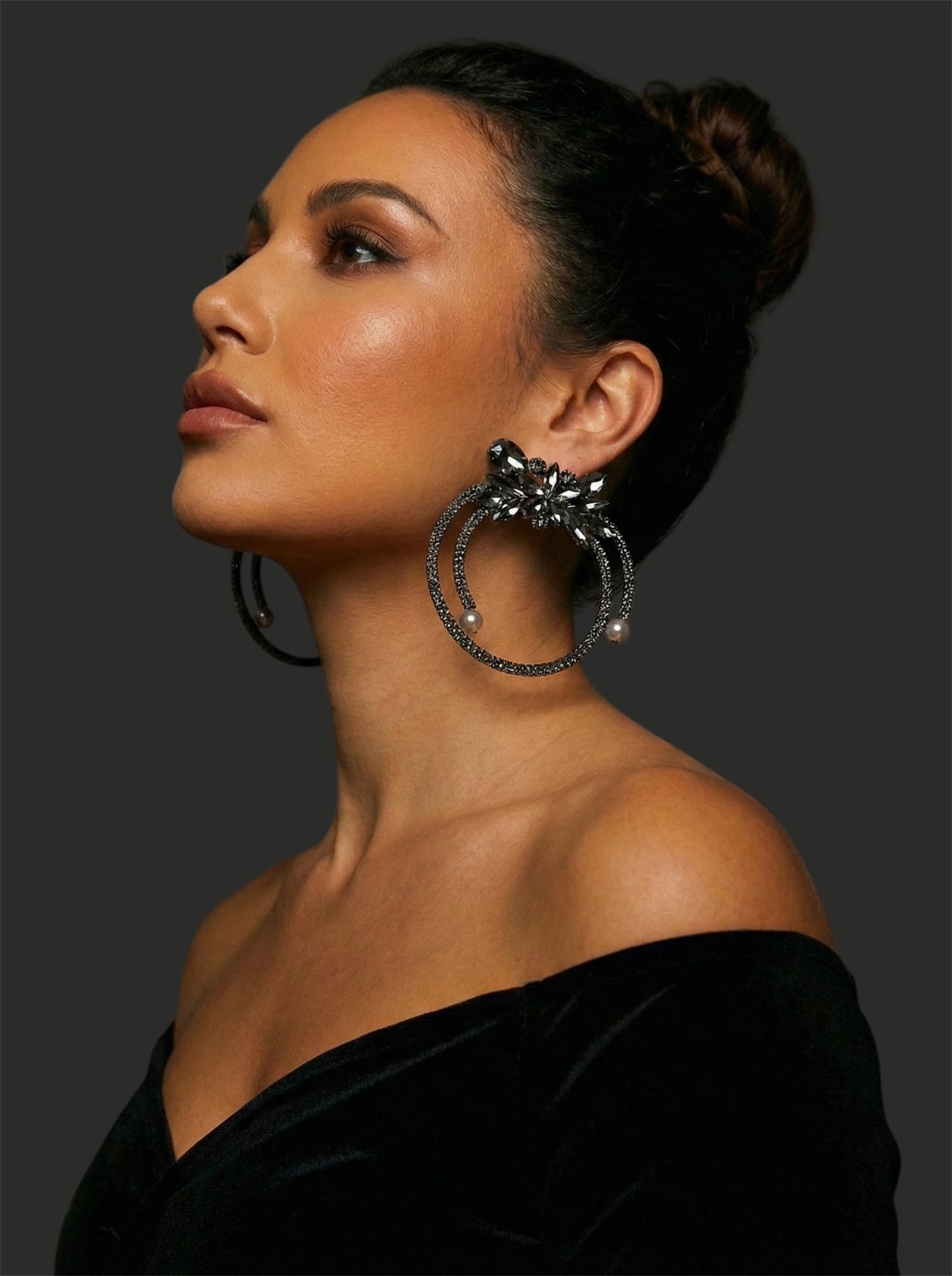 Black Crystal Rhinestone Statement Hoop Earrings – Floral Pearl Glam Jewellery - Fatisha Boutique #