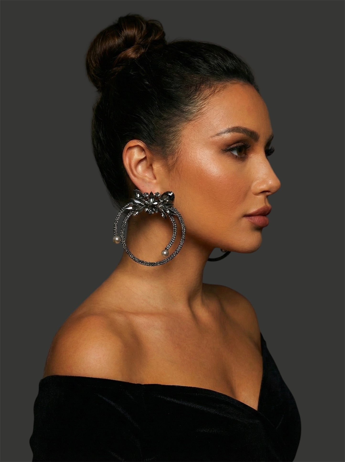 Black Crystal Rhinestone Statement Hoop Earrings – Floral Pearl Glam Jewellery - Fatisha Boutique #