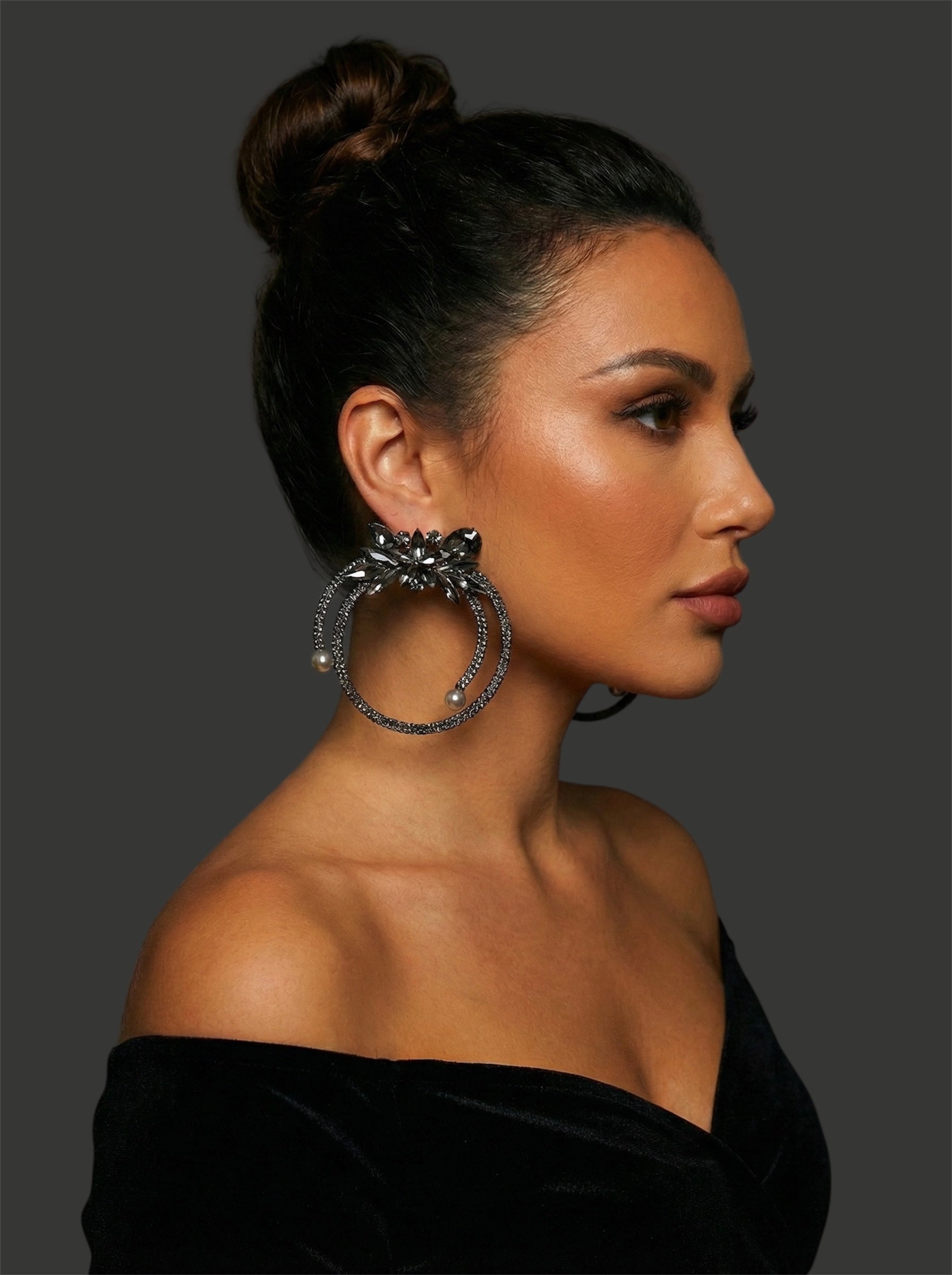 Black Crystal Rhinestone Statement Hoop Earrings – Floral Pearl Glam Jewellery - Fatisha Boutique #