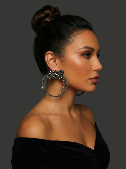Black Crystal Rhinestone Statement Hoop Earrings – Floral Pearl Glam Jewellery - Fatisha Boutique #