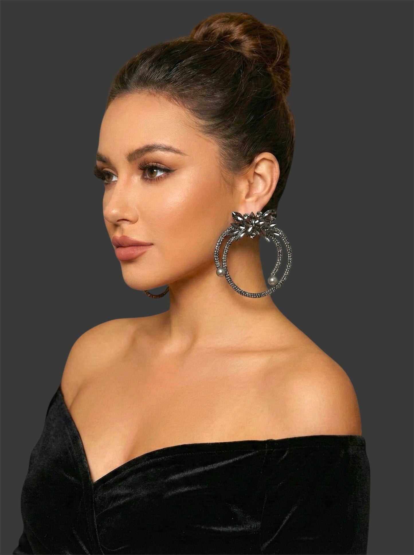 Black Crystal Rhinestone Statement Hoop Earrings – Floral Pearl Glam Jewellery - Fatisha Boutique #