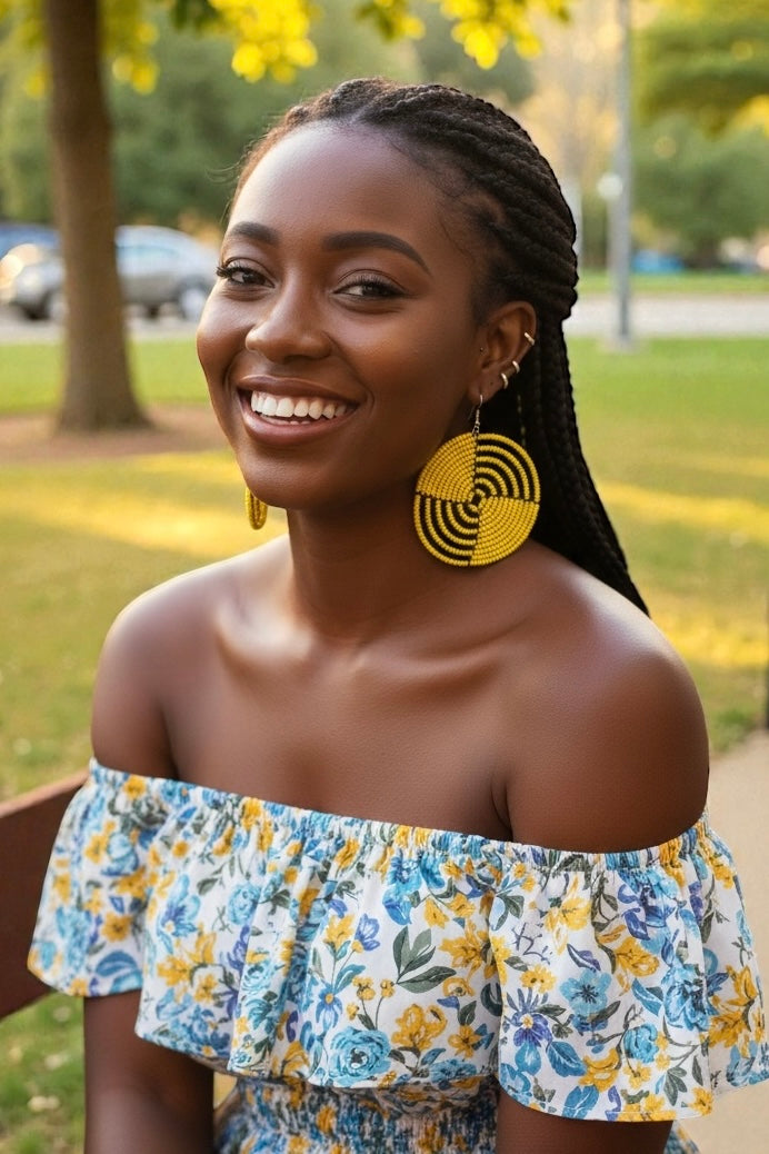 Bold Yellow African Beaded Circle Earrings – Handmade Ethnic Dangle Jewellery - Fatisha Boutique #