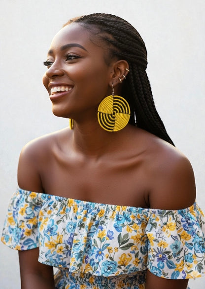 Bold Yellow African Beaded Circle Earrings – Handmade Ethnic Dangle Jewellery - Fatisha Boutique #