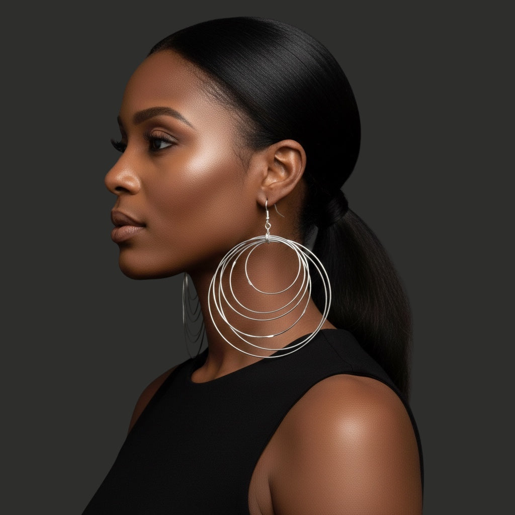 African Oversized Handcrafted Silver Brass Multi-Hoop Statement Earrings - Fatisha Boutique #
