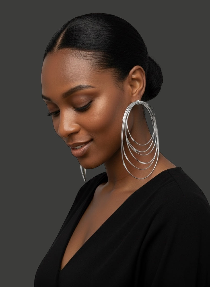 African Oversized Handcrafted Silver Brass Layered Hoop Statement Earrings - Fatisha Boutique #