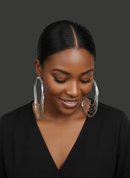 African Oversized Handcrafted Silver Brass Layered Hoop Statement Earrings - Fatisha Boutique #