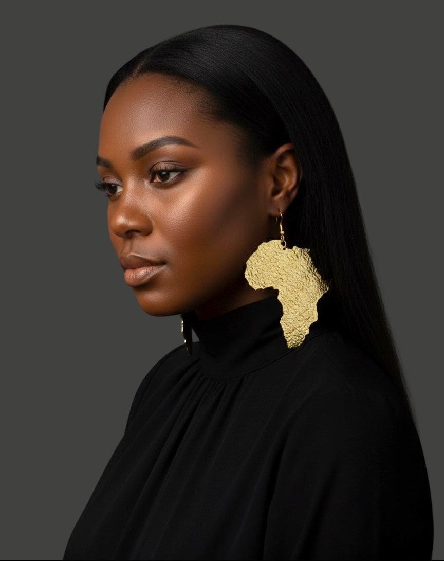 Oversized African Map Statement Earrings in Textured Dangle Brass – Gold & Silver - Fatisha Boutique #