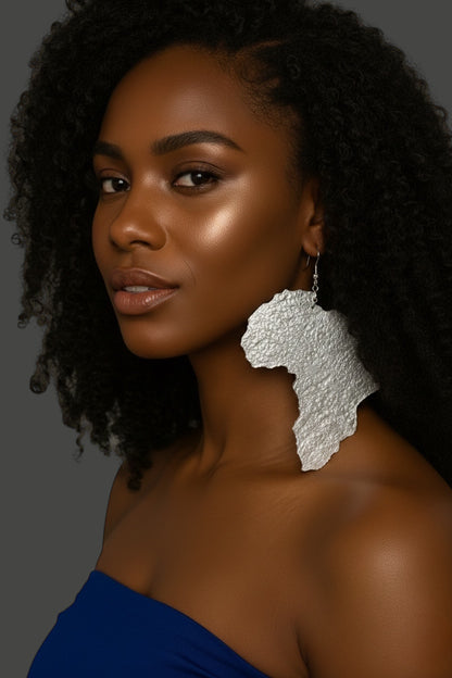Oversized African Map Statement Earrings in Textured Dangle Brass – Gold & Silver - Fatisha Boutique #