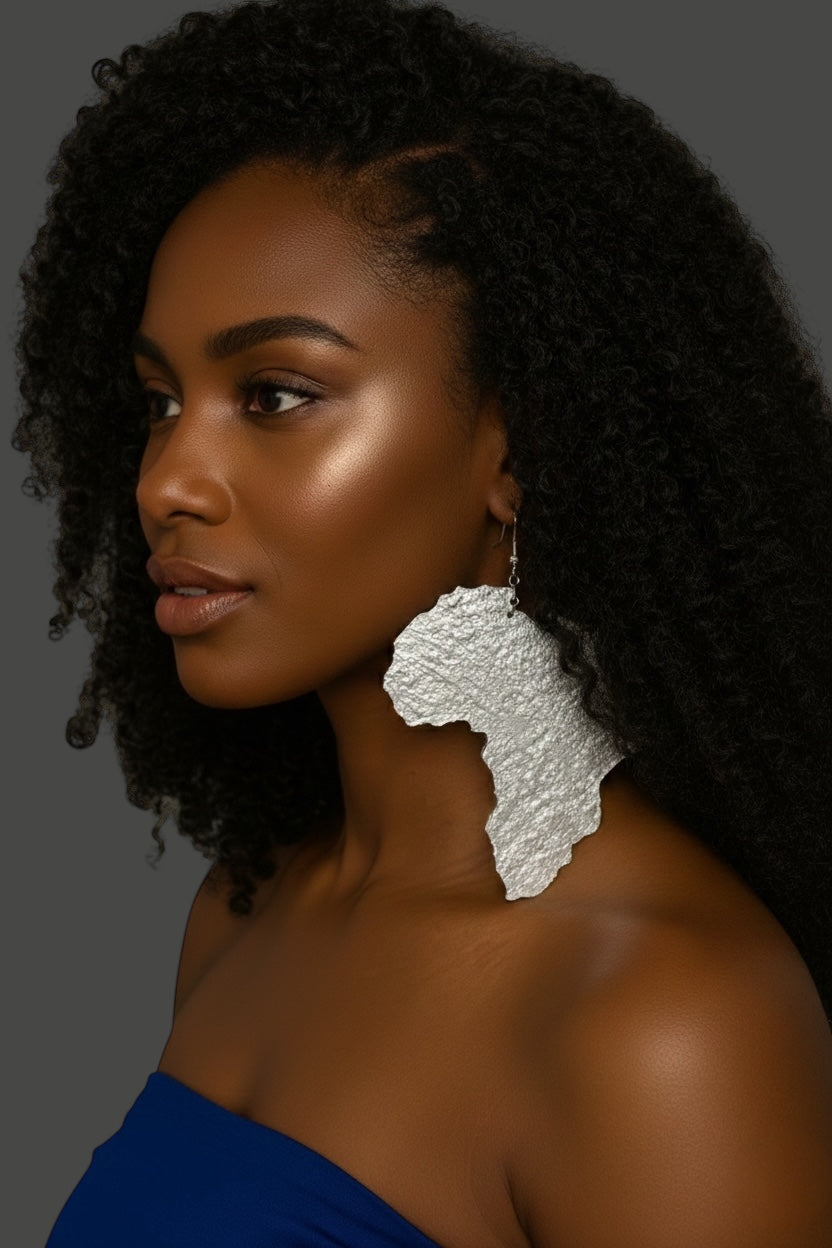 Oversized African Map Statement Earrings in Textured Dangle Brass – Gold & Silver - Fatisha Boutique #