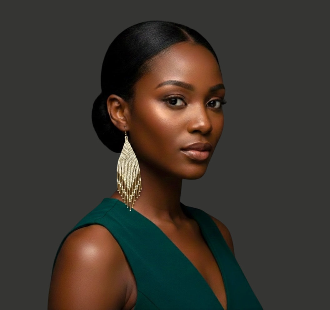 Boho Ivory and Gold Beaded Fringe Earrings – Handmade Statement Dangles - Fatisha Boutique #